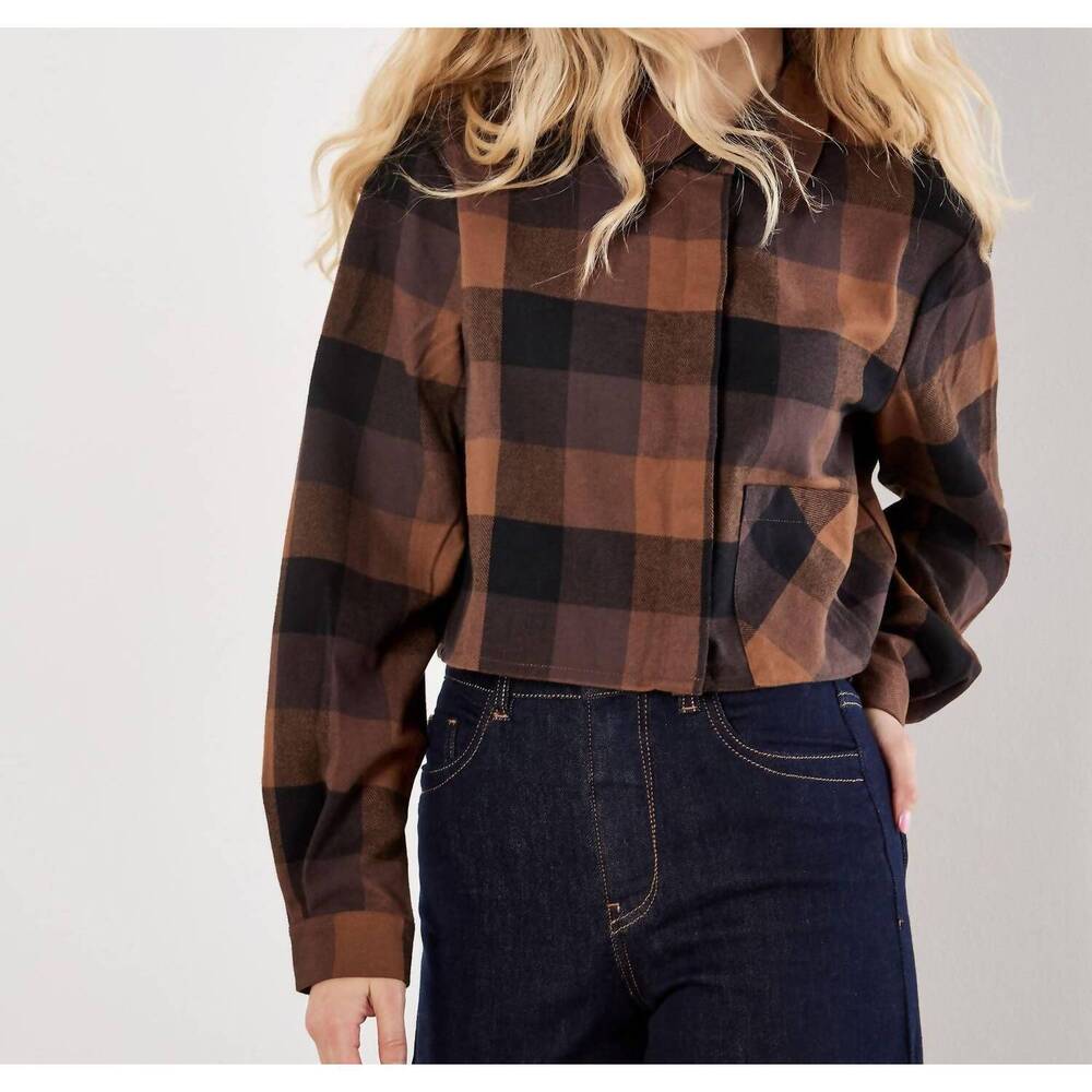 NEW APRICOT buffalo check cropped shirt top in brown